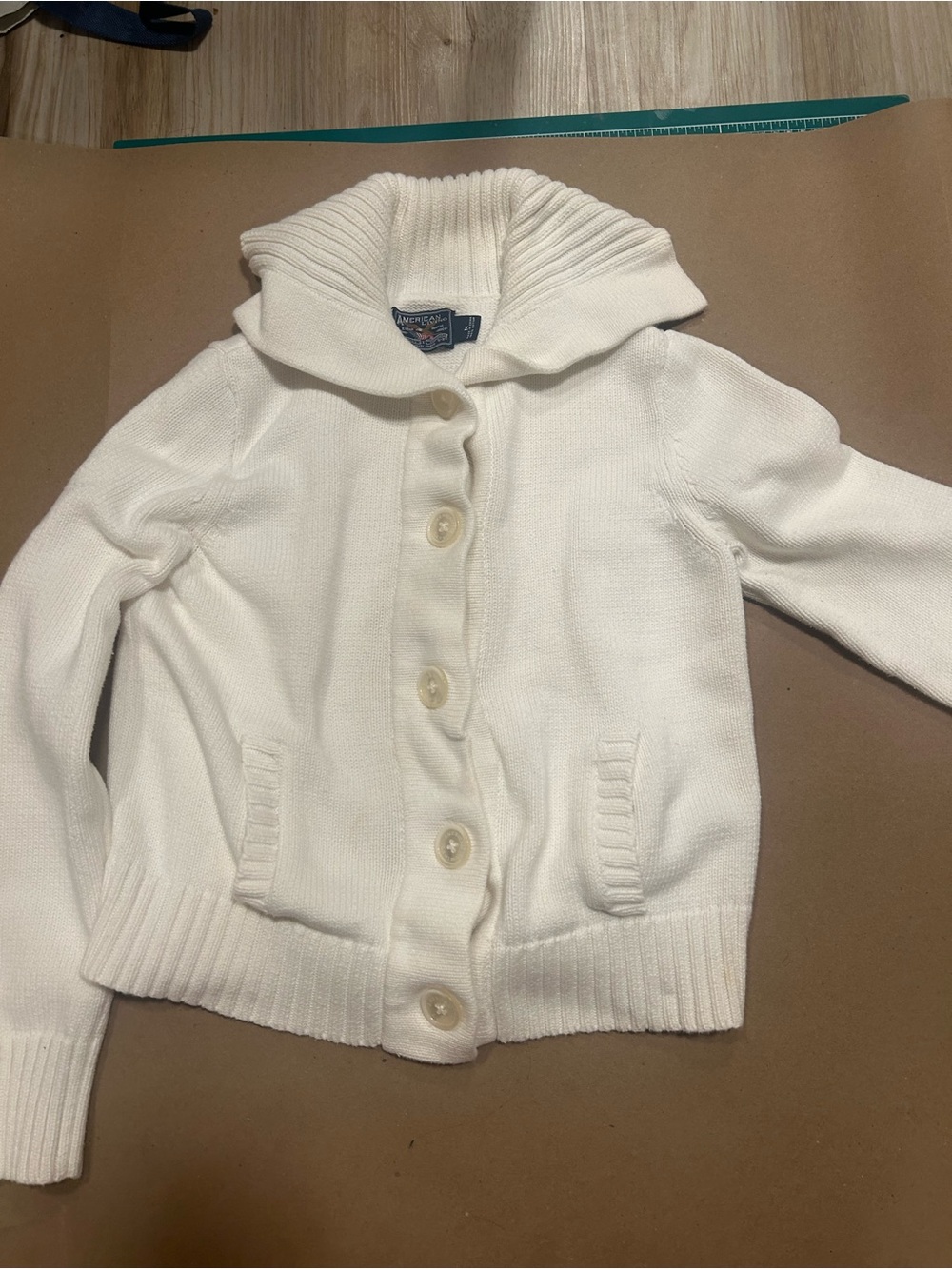 American Living Cream Ribbed Collar Button Cardigan